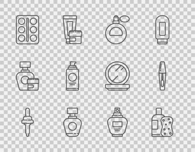 Set line Pipette, Bottle of shampoo and sponge, Perfume, Eye shadow palette, Spray can for hairspray,  and Mascara brush icon. Vector