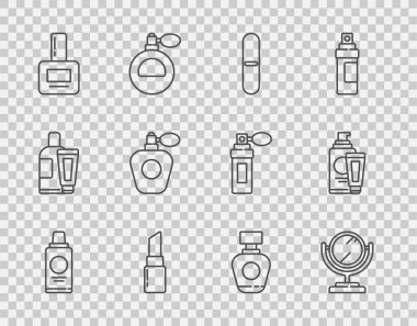 Set line Bottle of shampoo, Round makeup mirror, Nail file, Lipstick, polish bottle, Perfume,  and Cream lotion cosmetic tube icon. Vector
