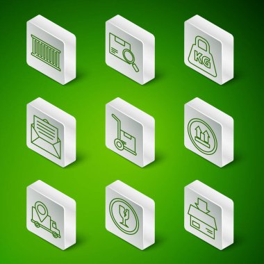 Set line Carton cardboard box, Fragile broken glass, Container, Hand truck and boxes, Envelope, Search package, Delivery tracking and This side up icon. Vector