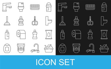 Set line Basin with soap suds, Wet wipe pack, Toilet bowl, Hairbrush, Mouthwash bottle, Rubber plunger, Water tap and Nail scissors icon. Vector