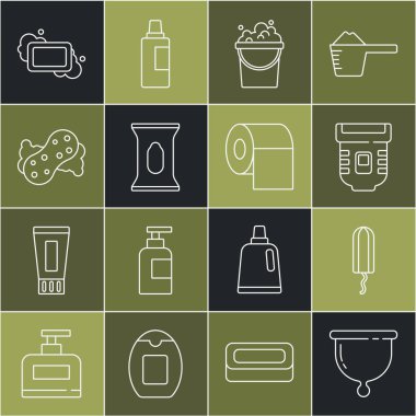 Set line Menstrual cup, Sanitary tampon, Epilator, Bucket with soap suds, Wet wipe pack, Sponge, Bar of and Toilet paper roll icon. Vector