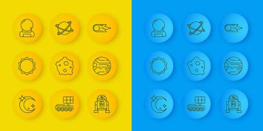 Set line Moon and stars, Sun, Asteroid, Robot, Planet, Astronaut helmet, Comet falling down fast and Satellites orbiting the planet icon. Vector
