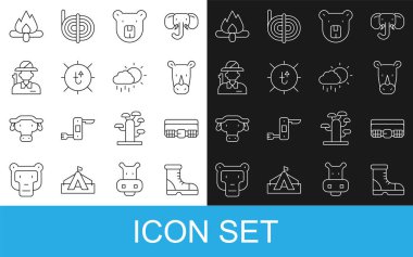 Set line Hunter boots, Hunting cartridge belt, Rhinoceros, Bear head, Sun, Campfire and Cloud with rain icon. Vector
