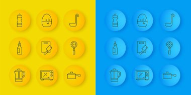 Set line Teapot, Bottle of olive oil, Cutting board and meat chopper, Frying pan, Spatula, Pepper, Kitchen ladle and timer icon. Vector