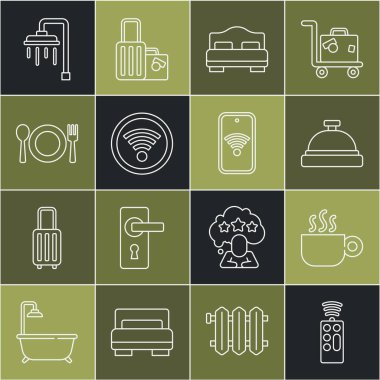 Set line Remote control, Coffee cup, Hotel service bell, room bed, Wi-Fi wireless, Plate, fork and knife, Shower and Mobile with wi-fi icon. Vector