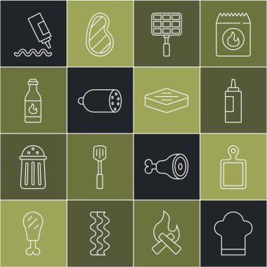 Set line Chef hat, Cutting board, Sauce bottle, Barbecue steel grid, Salami sausage, Tabasco sauce,  and Steak meat icon. Vector