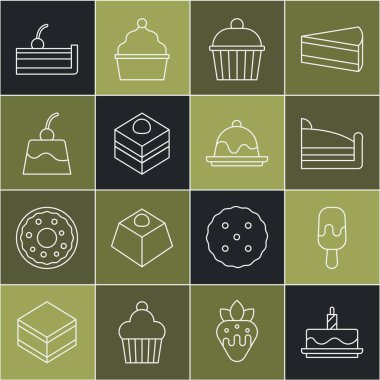 Set line Cake with burning candles, Ice cream, Piece of cake, Brownie chocolate, Pudding custard, Cherry cheesecake and  icon. Vector