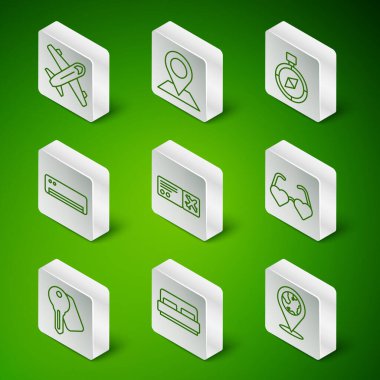 Set line Location on the globe, Hotel room bed, Plane, Airline ticket, conditioner, door lock key and Heart shaped love glasses icon. Vector