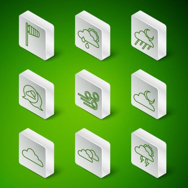 Set line Storm, Sun and cloud weather, Cone windsock wind vane, Windy, Location, Cloud with rain sun,  and moon icon. Vector