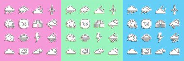 Set line Sun and cloud weather, Cloud with snow sun, rain, moon, Celsius, Water drop percentage,  and Rainbow icon. Vector
