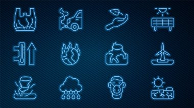 Set line Drought, Wind turbine, Sprout hand, Global warming fire, Say no to plastic bags poster, Deforestation and Car exhaust icon. Vector