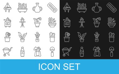 Set line Shovel, Cactus peyote in pot, Plant, Vase, on table, Garden sprayer for fertilizer, hanging and Flower icon. Vector