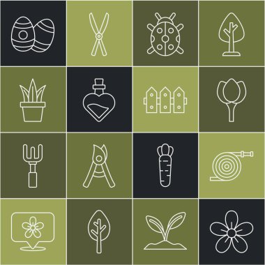 Set line Flower, Garden hose, tulip, Ladybug, Bottle with love potion, Plant in, Easter egg and fence wooden icon. Vector