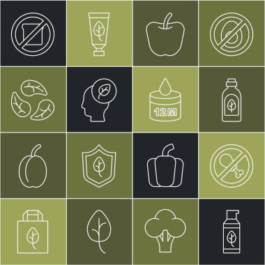 Set line Organic cosmetic, No meat, Essential oil bottle, Apple, Human head with leaf inside, Leaf or leaves, Gluten free grain and  icon. Vector