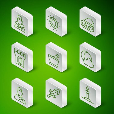 Set line Burning candle in candlestick, Medieval sword, Magician, Mortar pestle, Castle tower, stone, Wizard warlock and Moon stars icon. Vector