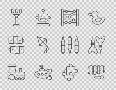 Set line Toy train, Xylophone, Abacus, Submarine toy, Rake, Kite, Puzzle pieces and Dart arrow icon. Vector