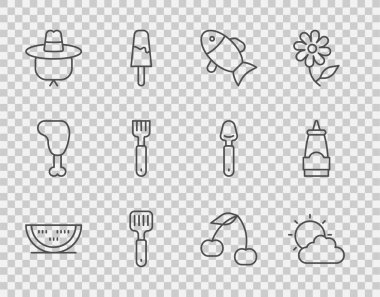 Set line Watermelon, Sun and cloud weather, Fish, Spatula, Camping hat, Fork, Cherry and Sauce bottle icon. Vector