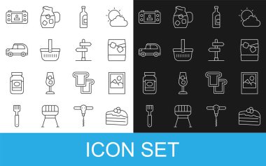 Set line Piece of cake, Photo frame, Glass whiskey with ice, Bottle wine, Picnic basket, Car, Portable video game console and Road traffic sign icon. Vector