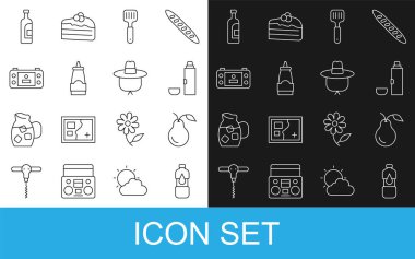 Set line Bottle of water, Pear, Thermos container, Spatula, Sauce bottle, Portable video game console, wine and Camping hat icon. Vector