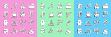 Set line Sauna hat, Hairbrush, thermometer, Aroma diffuser, Cup of tea, Washcloth and Flower icon. Vector