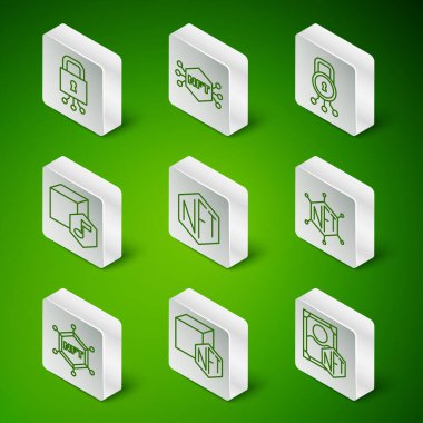 NFT dijital şifreleme sanatı, siber güvenlik, engelleme zinciri teknolojisi ve ikonu ayarla. Vektör