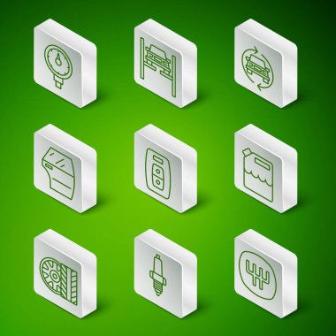 Set line Gear shifter, Car spark plug, Tire pressure gauge, key with remote, door, Repair car on lift, tire wheel and Canister for gasoline icon. Vector