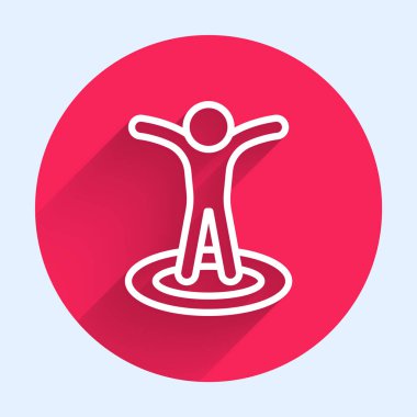 Uzun gölgeli izole edilmiş bir insan simgesinin silueti olan beyaz çizgi haritası. GPS konum sembolü. Kırmızı daire düğmesi. Vektör.