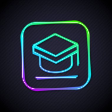 Parlayan neon hattı mezuniyet simgesi siyah arkaplanda izole edildi. Tassel ikonlu mezuniyet şapkası. Vektör.