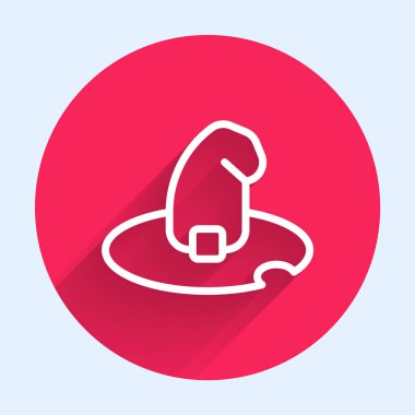 Beyaz çizgi cadı şapkası ikonu uzun gölgeli izole edilmiş. Mutlu Cadılar Bayramı Partisi. Kırmızı daire düğmesi. Vektör.