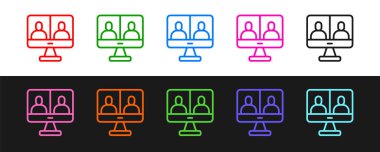 Set line Video chat conference icon isolated on black and white background. Computer with video chat interface active session on screen.  Vector.