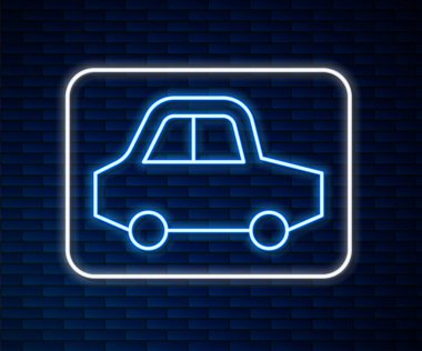 Parlayan neon hattı oyuncak araba ikonu tuğla duvar arka planında izole edildi. Vektör