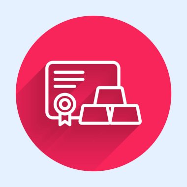 Sertifika simgesi uzun gölgeli beyaz çizgi altın çubukları. Bankacılık işi konsepti. Kırmızı daire düğmesi. Vektör