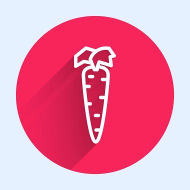 Beyaz çizgi havuç ikonu uzun gölge arkaplan izole. Kırmızı daire düğmesi. Vektör