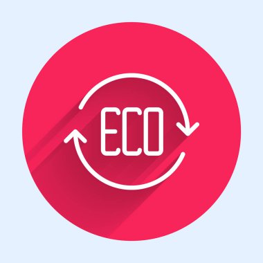 Beyaz çizgi Yaprak Eko sembolü uzun gölge arkaplan izole. Pankart, etiket, etiket, logo, çevre yeşili etiketi. Kırmızı daire düğmesi. Vektör