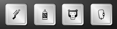 Set Sniper rifle with scope, Spray against insects, Monkey and Carabiner icon. Silver square button. Vector
