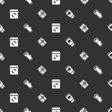 Set Walkie talkie, Police electric shocker, Evidence bag with bullet and Stacks paper money cash on seamless pattern. Vector