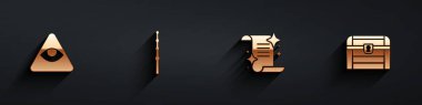 Set Masons, Magic wand, Ancient magic book and Antique treasure chest icon with long shadow. Vector