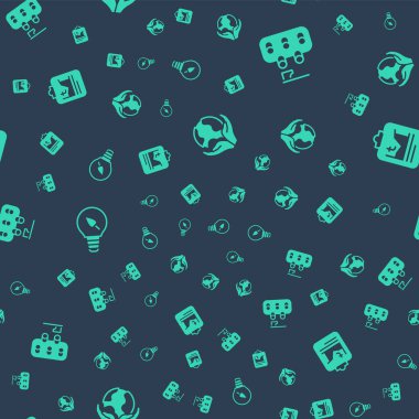 Set Hand holding Earth globe, Deforestation, Light bulb with leaf and Global warming on seamless pattern. Vector