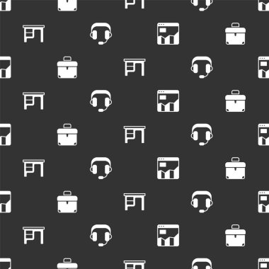 Set Graph chart infographic, Briefcase, Office desk and Headphones on seamless pattern. Vector