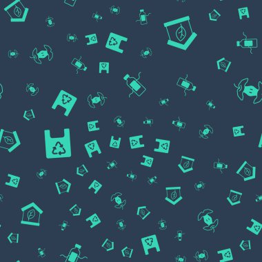 Set The problem of pollution, Eco friendly house, Shopping bag with recycle and Apple core on seamless pattern. Vector