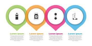 Set Fitness shaker, Energy drink, Dumbbell and Sport boxing shoes. Business infographic template. Vector