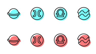Set line Libra zodiac, Planet Saturn, Pisces and  icon. Vector