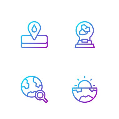 Set line Earth core structure crust, Magnifying glass with globe, Oilfield and Exhibition minerals, rocks. Gradient color icons. Vector