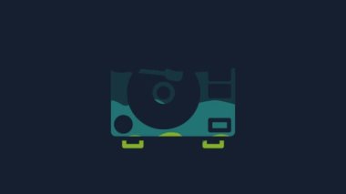Yellow Vinyl player with a vinyl disk icon isolated on blue background. 4K Video motion graphic animation.
