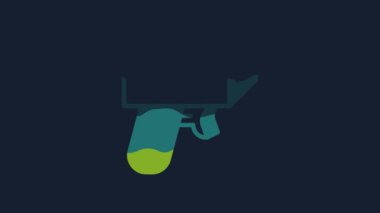 Yellow Money gun icon isolated on blue background. Shoot the toy gun with money. Cash machine gun. 4K Video motion graphic animation.