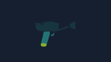 Yellow Hair dryer icon isolated on blue background. Hairdryer sign. Hair drying symbol. Blowing hot air. 4K Video motion graphic animation.