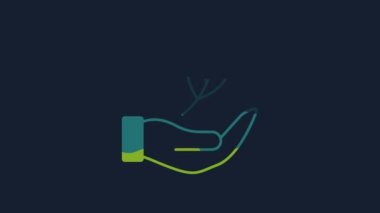 Yellow Hand hold a leaf of the plant icon isolated on blue background. Care nature. Leaf shoots with environmental protection. 4K Video motion graphic animation.