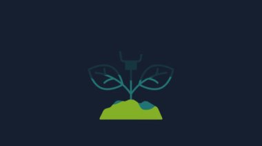 Yellow Electric saving plug in leaf icon isolated on blue background. Save energy electricity. Environmental protection. Bio energy. 4K Video motion graphic animation.