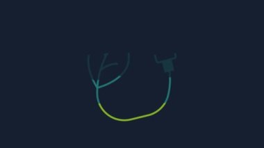 Yellow Electric saving plug in leaf icon isolated on blue background. Save energy electricity. Environmental protection. Bio energy. 4K Video motion graphic animation.