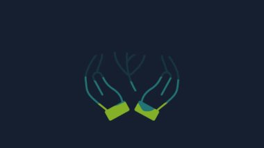 Yellow Hand hold a leaf of the plant icon isolated on blue background. Care nature. Leaf shoots with environmental protection. 4K Video motion graphic animation.